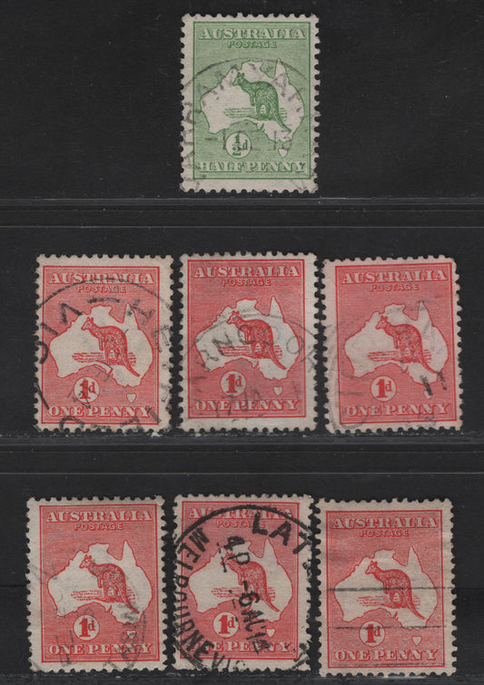 Lot 129 Australia SG#1, 2,b,d,db, 2e,2eb 1/2d - 1d Green - Carmine Kangaroo & Map, 1913-1914 Kangaroo & Map 1st Issue, 7 Fine Used Singles, 1d Carmine Dies 1, 2 & 2a