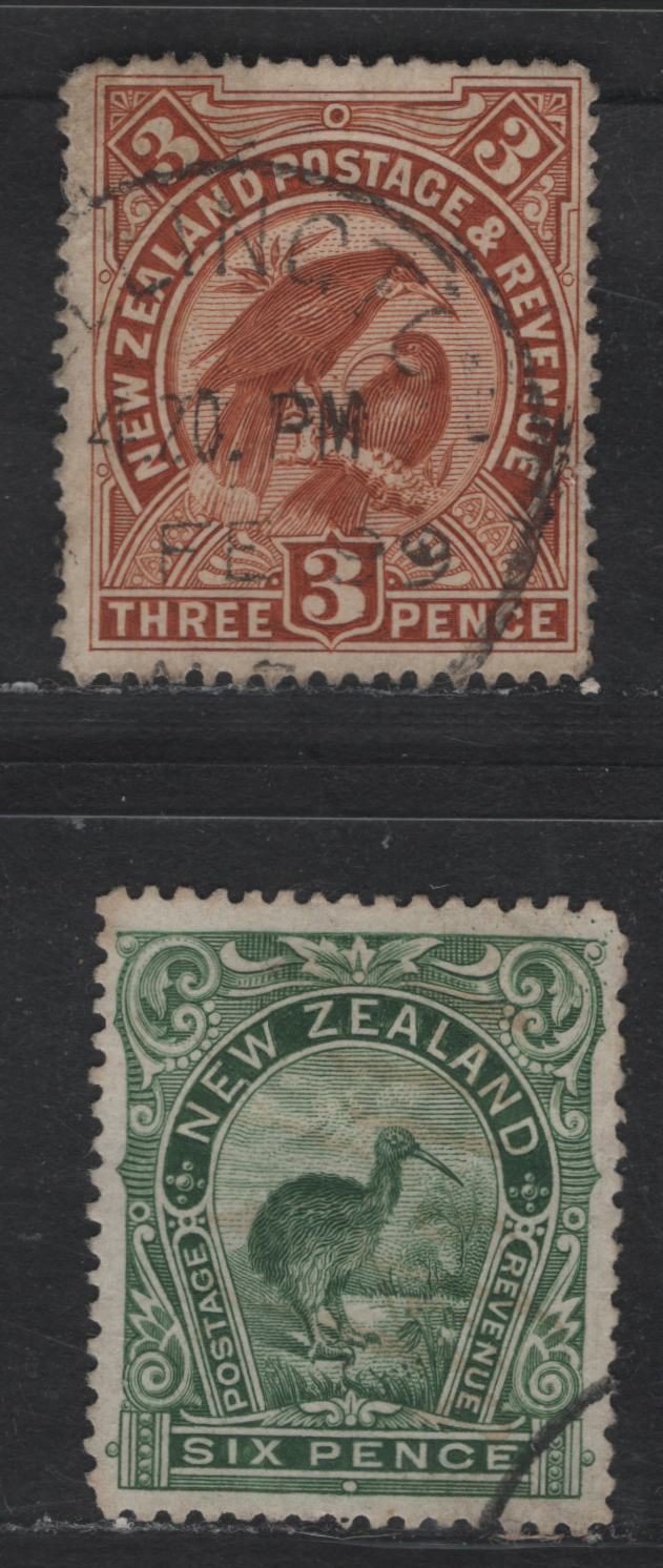 Lot 13 (C) New Zealand SG#251, 254 3d - 6d Yellow Brown - Green Huia - Brown Kiwi, 1898 Pictorial Issue, 2 Very Good/Fine Used Singles, Both With Light Corner Crease
