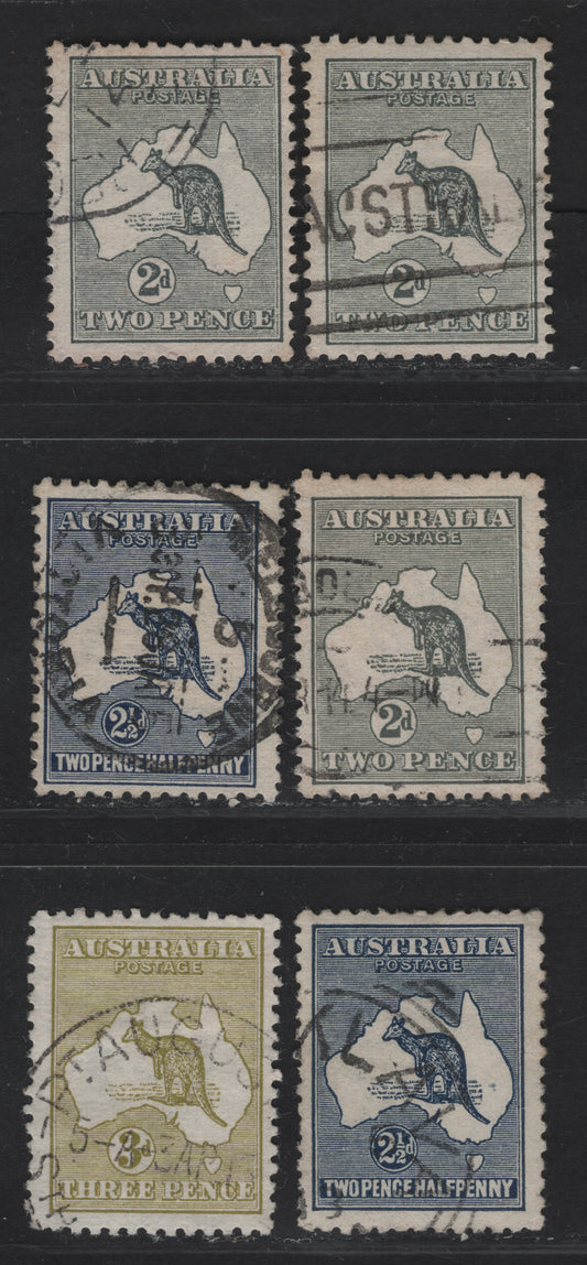 Lot 136 Australia SG#3-5 2d - 3d Gray - Olive Kangaroo & Map, 1913-1914 Kangaroo & Map 1st Issue, 6 Fine Used Singles, Three Shades Of 2d, Two Shades Of 2.5d