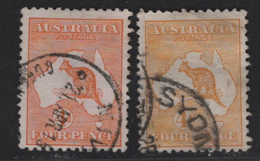 Lot 138 (C) Australia SG#6-6a 4d Orange - Orange & Yellow Kangaroo & Map, 1913-1914 Kangaroo & Map 1st Issue, 2 Fine Used Singles, First Wmk
