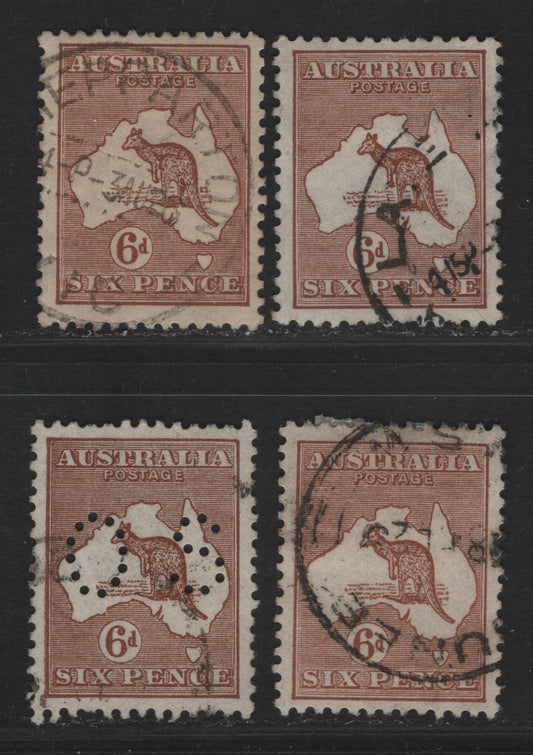 Lot 167 (C) Australia SG#73, O76 6d Chestnut Kangaroo & Map, 1923-1924 Kangaroo & Map 3rd Issue, 4 Fine/Very Fine Used Singles, 3rd Wmk, Perf Small OS