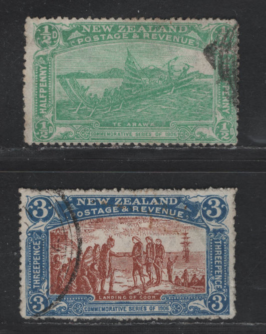 Lot 21 (C) New Zealand SG#370, 372 1/2d - 3d Emerald Green - Brown & Blue Maori Canoe - Landing of Cook, 1906 Christchurch Exhibition Issue, 2 Fine/Very Fine Used Singles