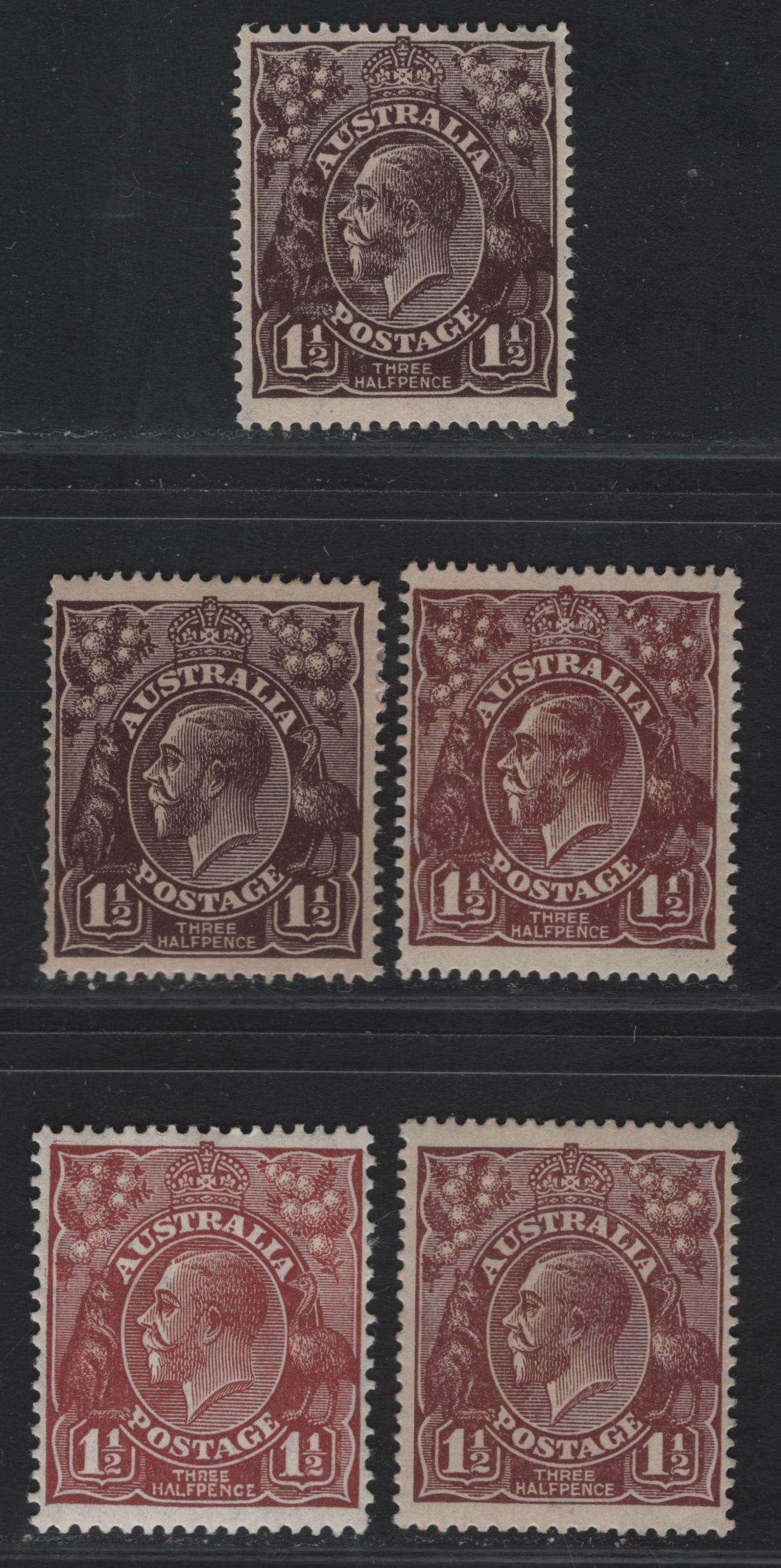 Lot 222 Australia SG#51-52, 58-59, 97 1.5d Black Brown - Red Brown King George V, 1918-1930 KGV Heads Issues, 5 FOG Singles, Mint Group Of All Wmks, Missing Only C of A Wmk