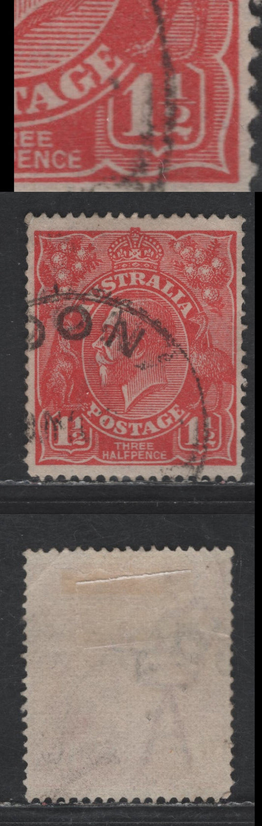 Australia SG#77var 1.5d Scarlet King George V, 1924 KGV Heads Issue, A Very Fine Used Single, Showing Right 2 With Hooked Tail, Unlisted In Gibbons, Single Crown Wmk.