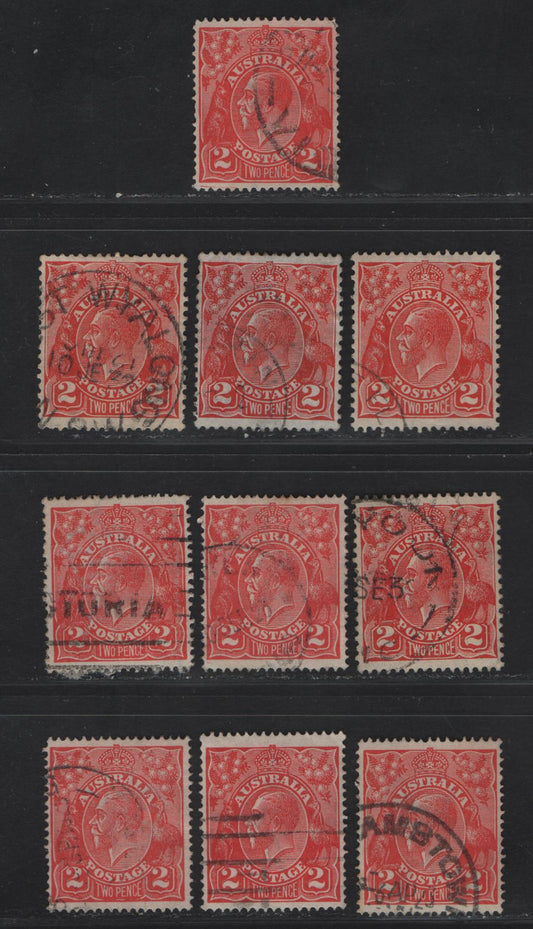 Australia SG#63-a, 99a, 127 2d Scarlet - Golden Scarlet King George V, 1918-1936 KGV Heads Issues, 10 Fine/Very Fine Used Singles, Compelte Selection of All Watermarks, Small Multiple Wmkbeing Die 3, Several Shades.