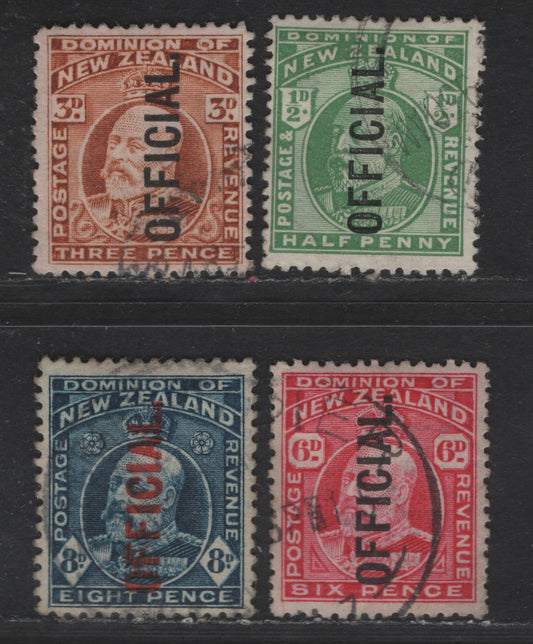 Lot 25 (C) New Zealand SG#O73-O75, O76b 1/2d - 8d Green - Indigo Blue King Edward VII, 1910-1916 King Edward VII Official Overprinted Issue, 4 Fine/Very Fine Used Singles, Perfs 14x14.5 & 14x13.5