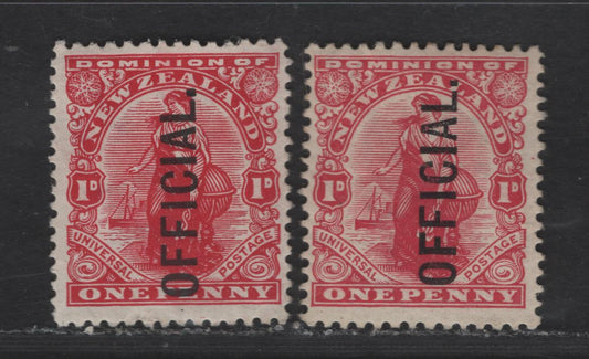Lot 26 New Zealand SG#O78 1d Carmine Woman Standing, 1910-1926 Universal Penny Post Keyplates, 2 F/VFOG Singles, Two Slightly Different Shades
