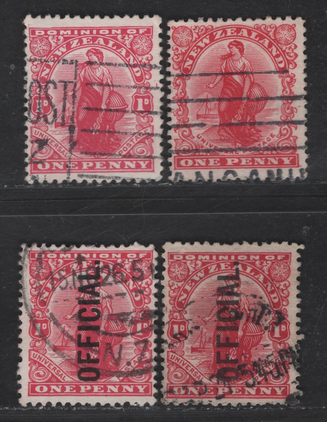 Lot 28 New Zealand SG#386, 406, O78-O79 1d Carmine Woman Standing, 1908-1926 Pictorial Issues, 4 Fine Used Singles, De la Rue & Jones Papers, Official Overprints