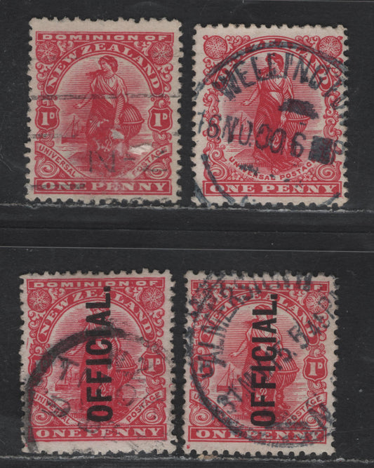 New Zealand SG#386, 406, O78-O79 1d Carmine Woman Standing, 1908-1926 Pictorial Issues, 4 Very Fine Used Singles, De la Rue & Jones Papers, Official Overprints