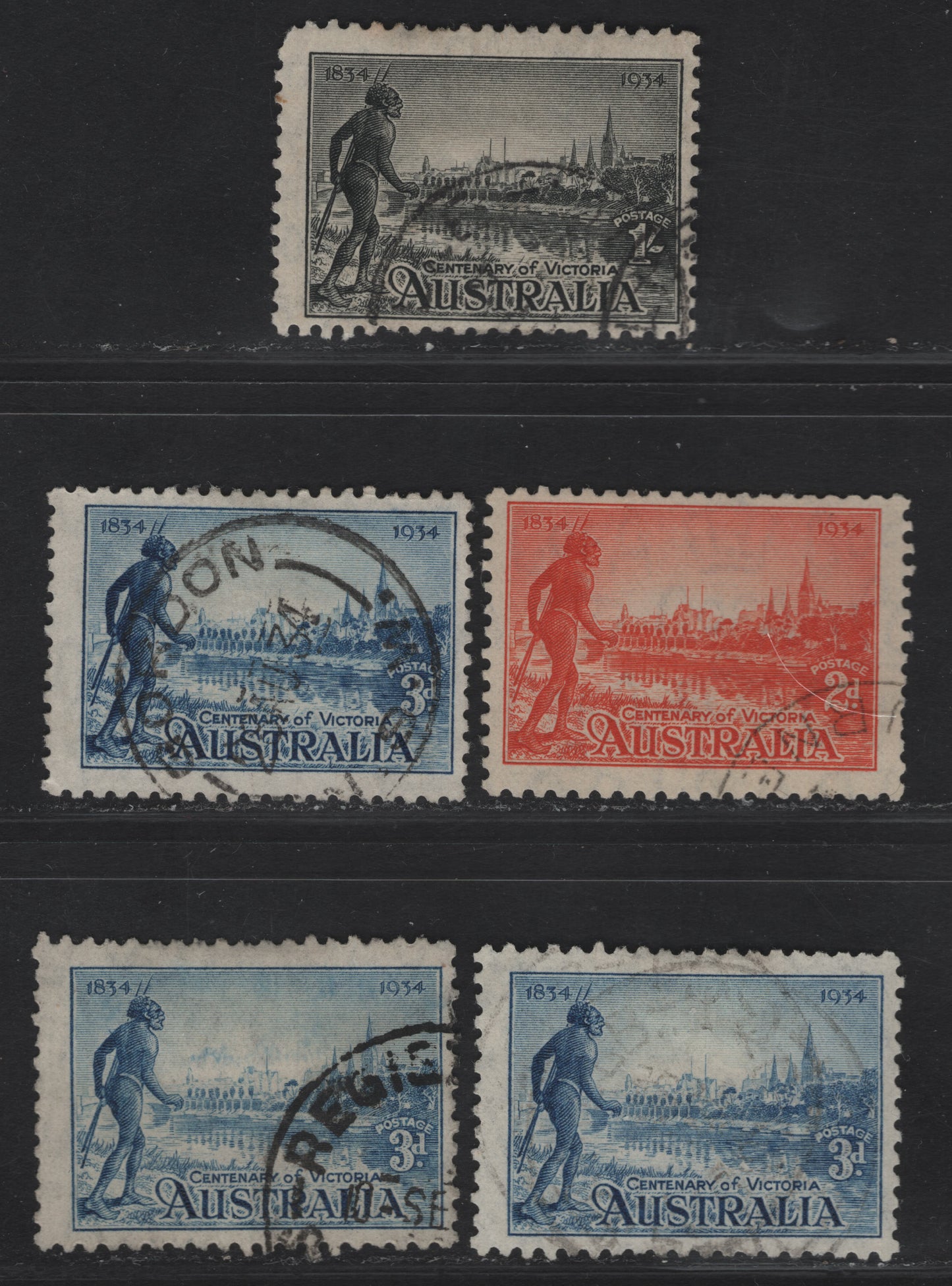 Lot 295 (C) Australia SG#148a-149a 3d- 1/- Blue - Black Melbourne & R Yarra, 1934 Victoria Centenary Issue, 5 Fine Used Singles, Perf 11.5, 3 Shades Of 3d