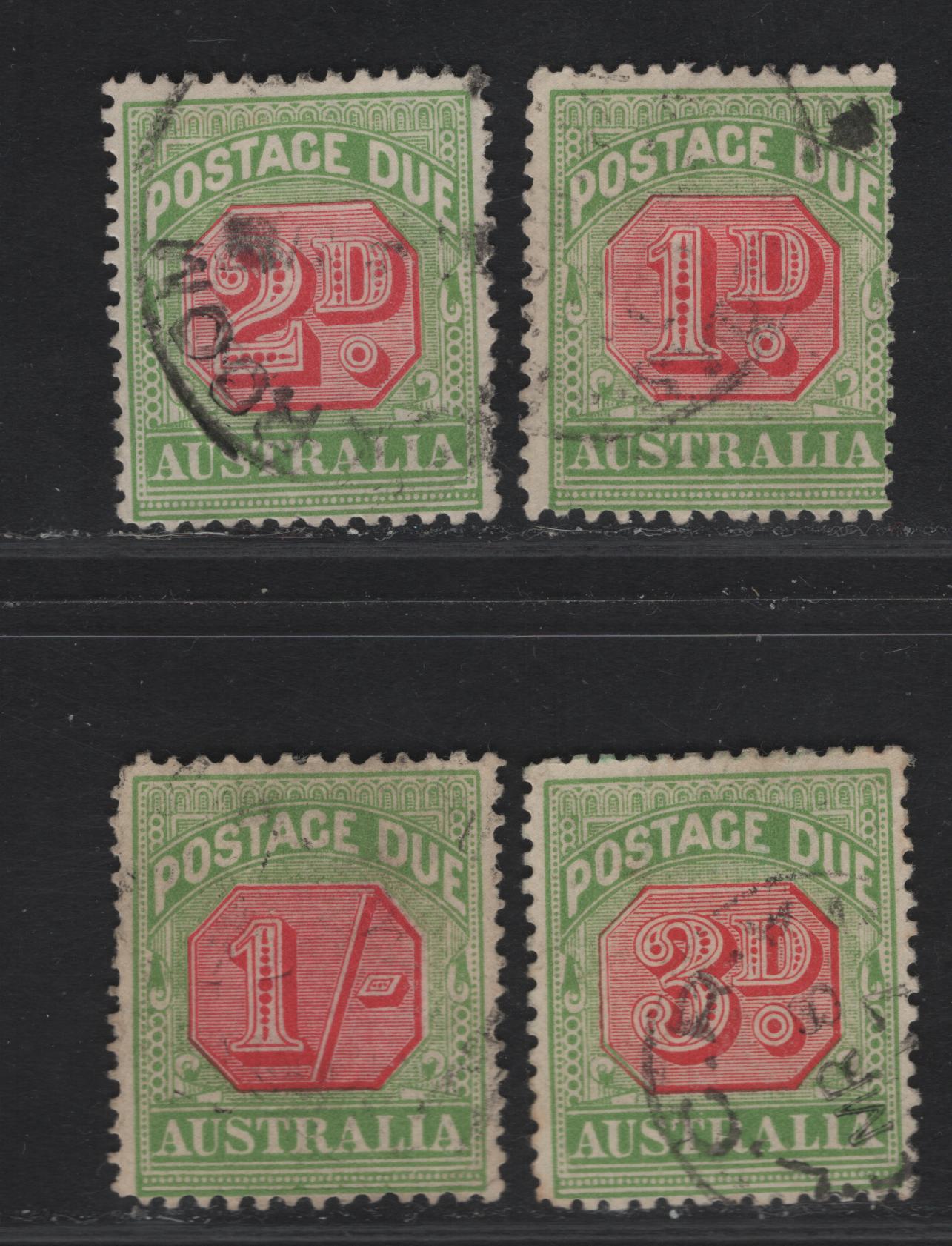 Lot 310 Australia SG#D69, D64b, D65a, D66 1d - 1/- Rosine & Green Numerals, 1909-1910 Postage Dues, 4 Very Good/Fine/Very Fine Used Singles, Crown Over Double Lined A Wmk
