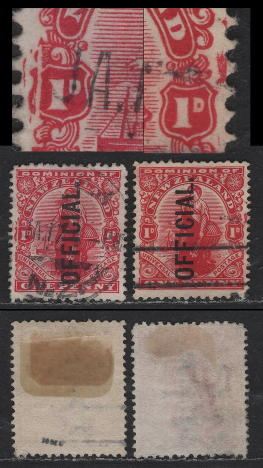 Lot 31 New Zealand SG#O78var 1d Carmine Woman Standing, 1908-1926 Pictorial Issue, A Very Fine Used Singles, De la Rue Paper, Showing Crack In Left Value Tablet, Burr in Right Margin, Unlisted In Gibbons.