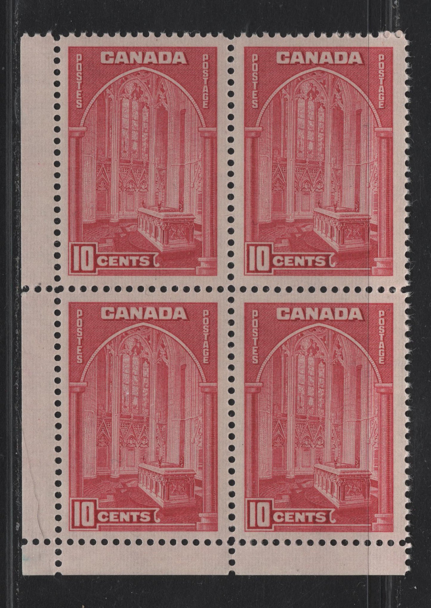 Lot 328 Canada #241a 10c Rose Carmine Memorial Chamber, 1938 Pictorial Issue, A VFNH LL Field Stock Corner Block Of 4 With Paper/Gum Type CBN-A
