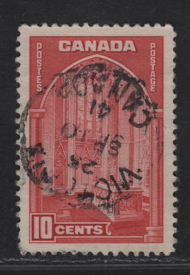 Lot 341 Canada #241 10c Carmine Memorial Chamber, 1938 Pictorial Issue, A Very Fine Used Single On Paper CBN-F, Perf 12x11.95, With Sept. 10, 1941 Victoria Cancel