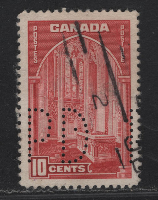 Lot 343 Canada #241var 10c Carmine Memorial Chamber, 1938 Pictorial Issue, A Very Fine Used Single On Paper CBN-F, With Winnipeg Perke-Davis Perfin. Scarcity Rating F