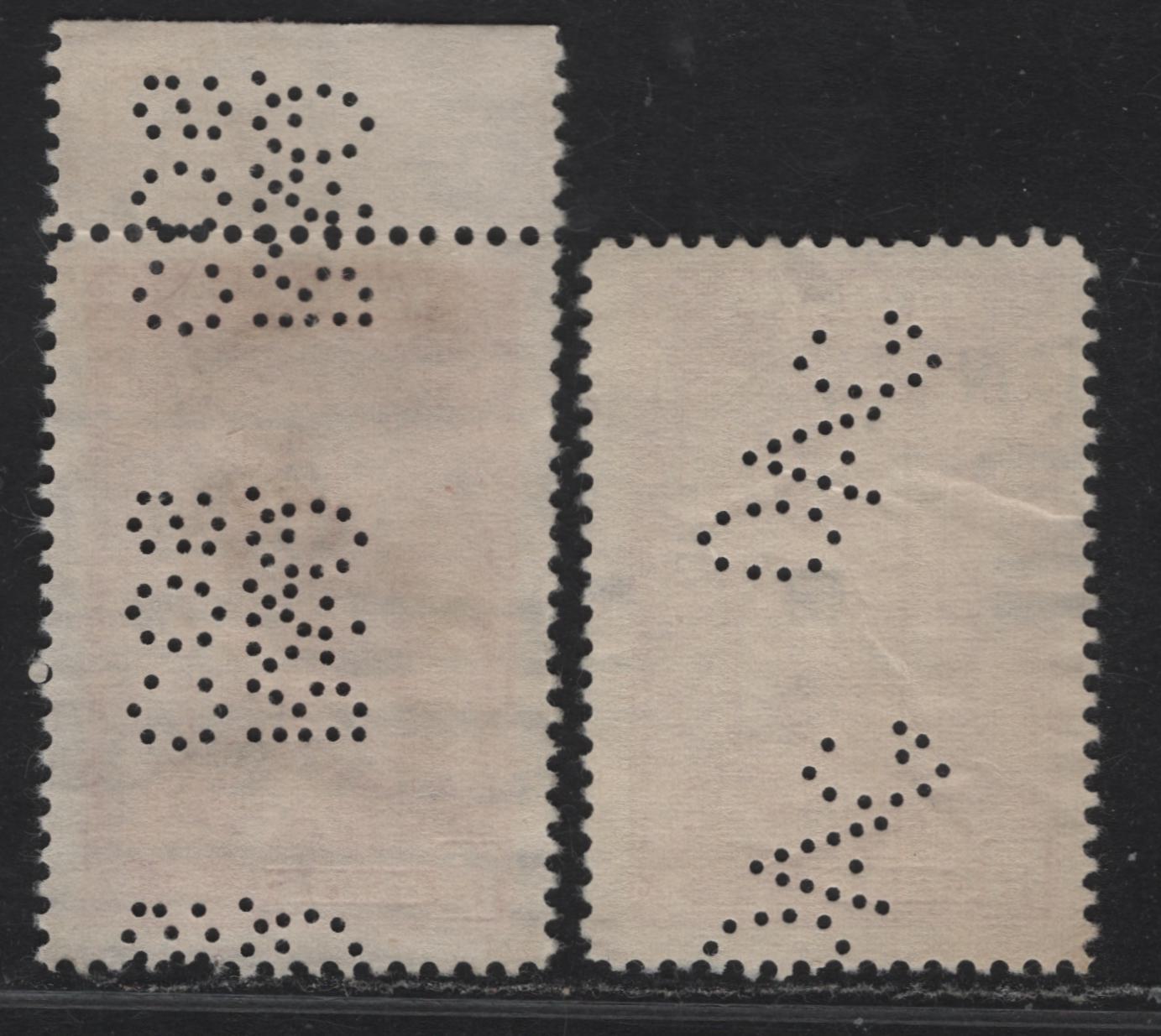 Lot 344 Canada #241, 241A var 10c Carmine Rose & Deep Bright Carmine Memorial Chamber, 1938 Pictorial Issue, 2 Fine Used Singles On Paper Type CBN-A With Perfins Of Ocean Accident Guarantee Of Toronto & Royal&Queen Insurance Companies Of Vancouver