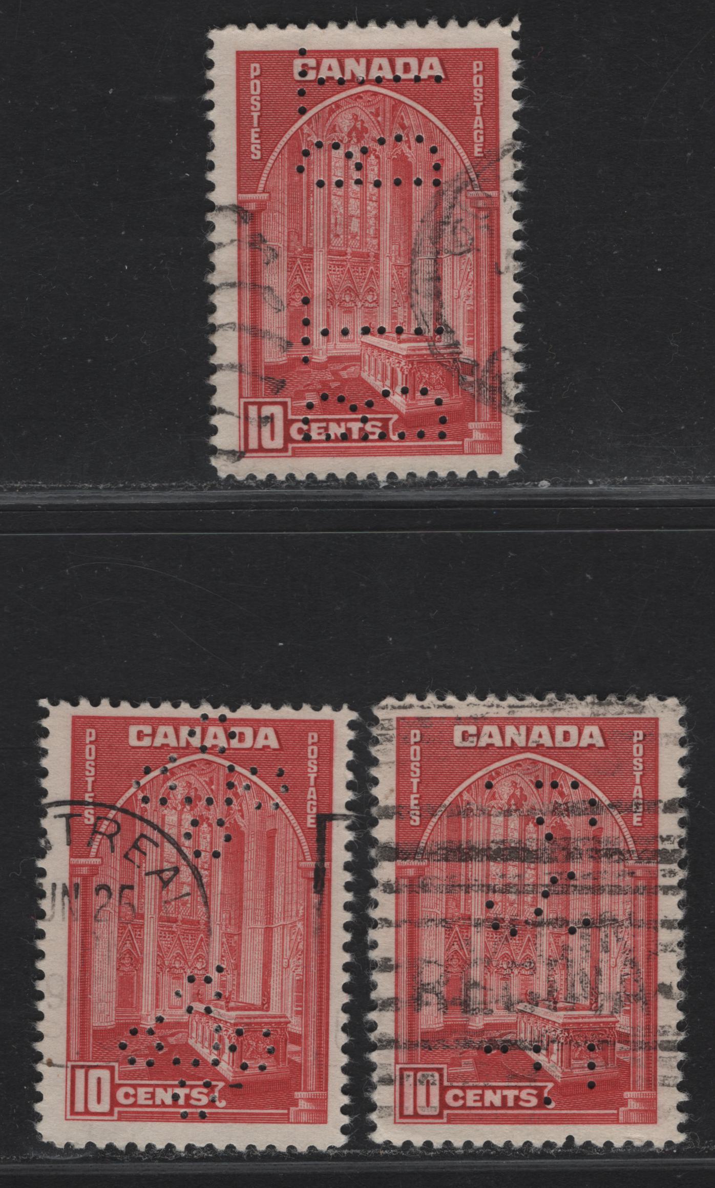 Lot 345 Canada #241 10c Carmine Memorial Chamber, 1938 Pictorial Issue, 3 Fine Used Singles On Paper Type CBN-B, With Perfins For Bell Telephone, Province Of Saskatchewan & Quebec Liquor Commission