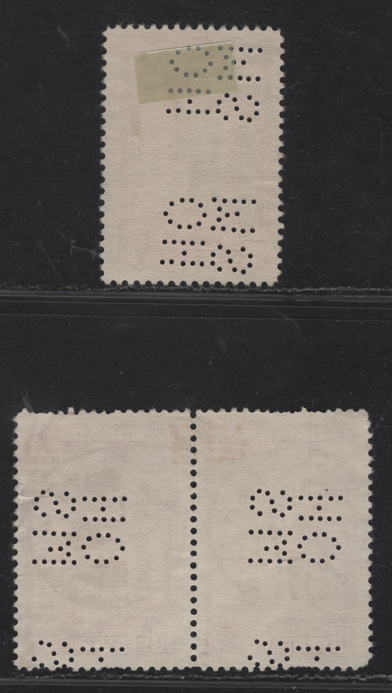 Lot 346 Canada #O8-241a 10c Carmine Rose & Bright Carmine Rose Memorial Chamber, 1938 Pictorial Issue, A Fine Used Pair And Single On Paper CBN-A, With 5 Hole OHMS Perfin From Positions 2 & 4. Position 2 Is A Pair