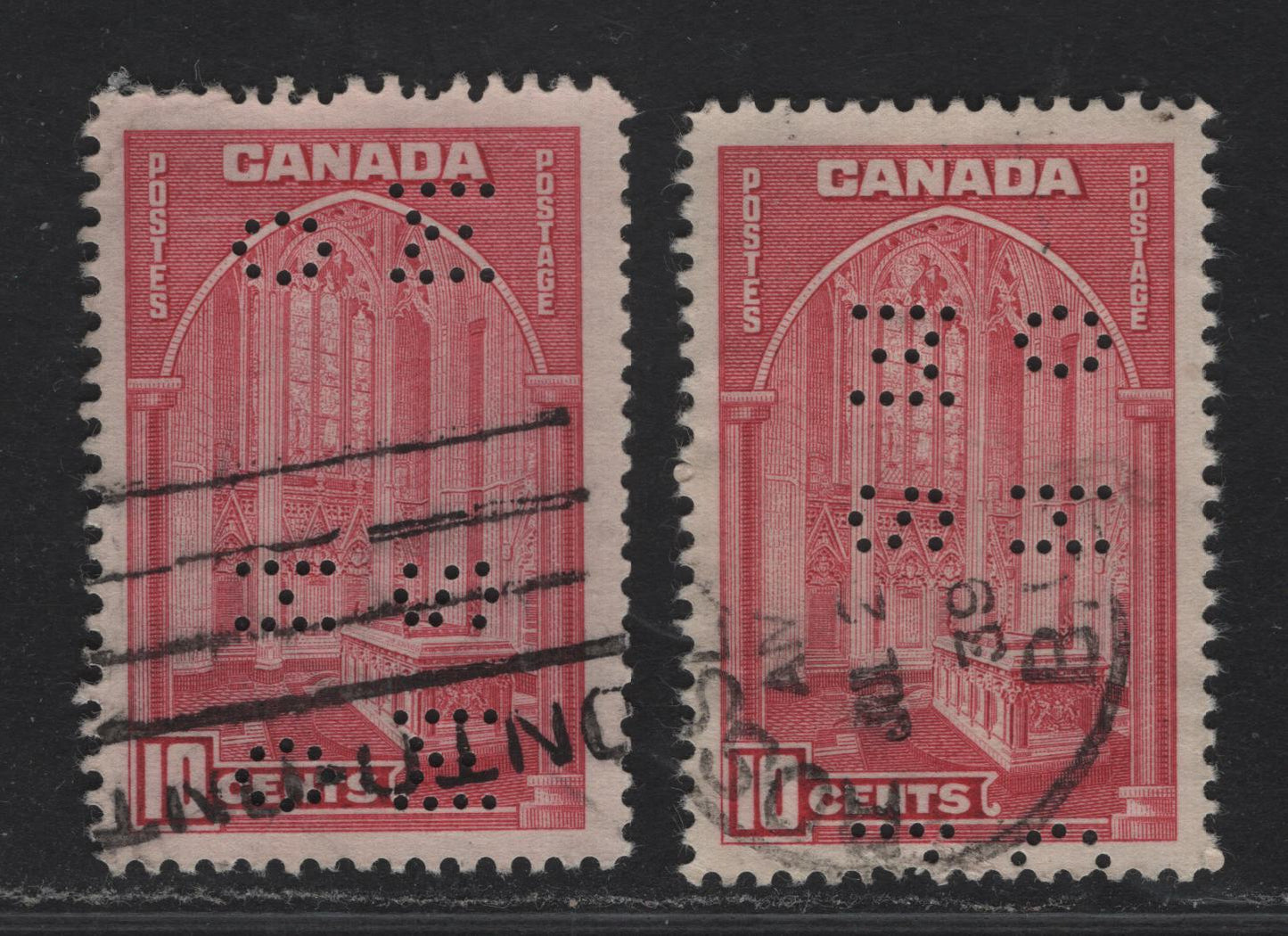 Lot 348 Canada #O9-241a 10c Carmine Rose Memorial Chamber, 1938 Pictorial Issue, 2 F & VF Used Singles On Paper Type CBN-C, 4 Hole Perfins From Positions 2 & 4