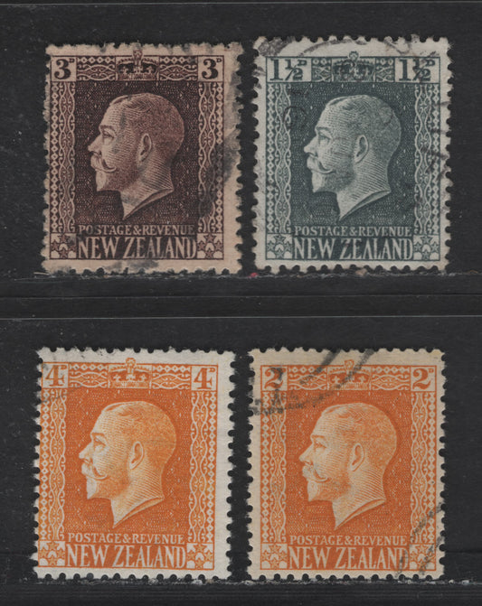 Lot 35 (C) New Zealand SG#416a-418a, 420, 421C 1.5d - 4d Gray Slate - Yellow King George V, 1915-1930 KGV Sideface Issue, 4 Fine Used Singles, Perf 14x14.5