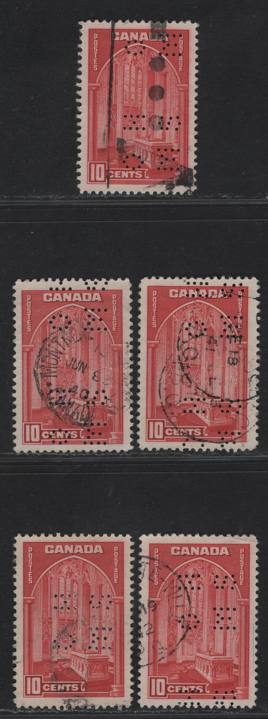 Lot 351 Canada #O9-241 10c Carmine, Bright Carmine & Deep Bright Carmine Memorial Chamber, 1938 Pictorial Issue, 5 Very Fine Used Singles On Paper Types CBN-B, CBN-G And CBN-I. 4 Hole OHMS Perfins From Position 2.