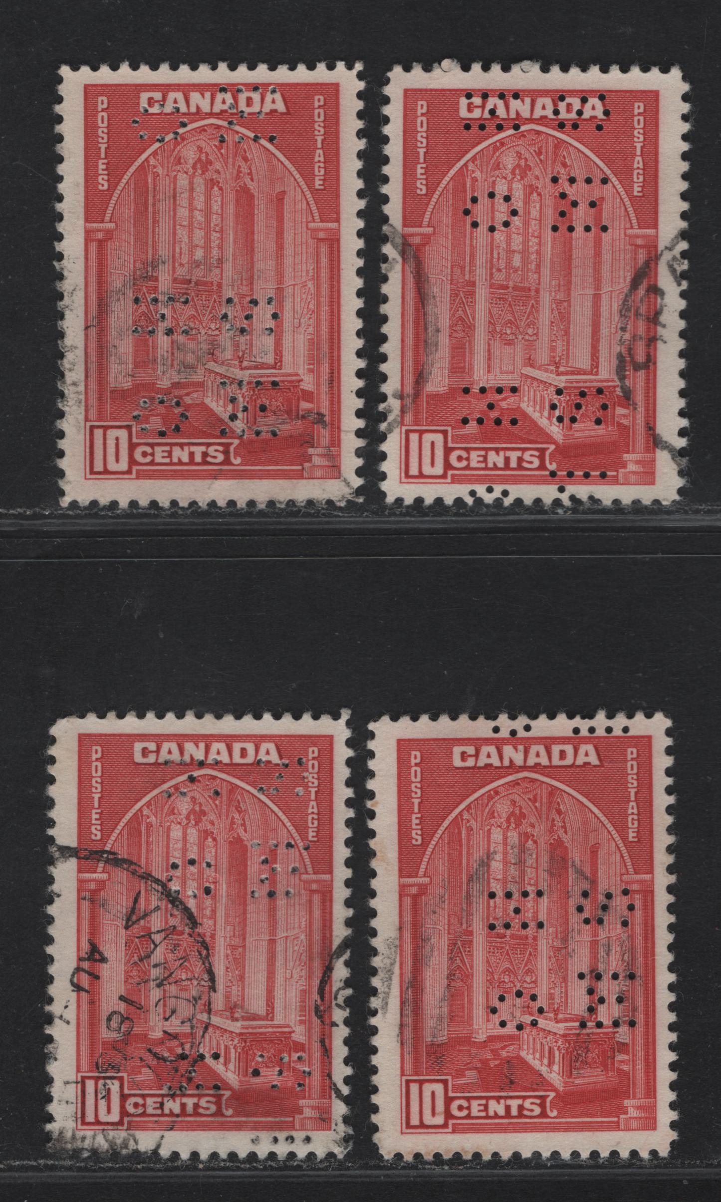 Lot 352 Canada #O9-241a 10c Carmine, Bright Carmine Memorial Chamber, 1938 Pictorial Issue, 4 F & VF Used Singles On Paper Types CBN-B, CBN-G And CBN-I. 4 Hole OHMS Perfins From Position 2.