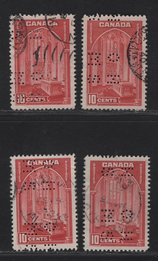 Canada #O9-241 10c Carmine, Lighter Carmine & Bright Carmine Memorial Chamber, 1938 Pictorial Issue, 4 F & VF Used Singles On Papers CBN-A, CBN-I And CBN-J, 4 Hole OHMS Perfins From Position 4