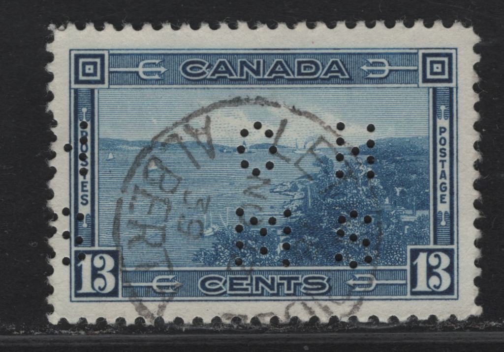 Lot 363 Canada #O9-242 13c Deep Bright Blue Halifax Harbor, 1938 Pictorial Issue, A Very Fine Used Single, Paper Type CBN-L, 4-Hole OHMS Perfin, Pos. 1, November 1939 Cancel, Perf 12x11.9.