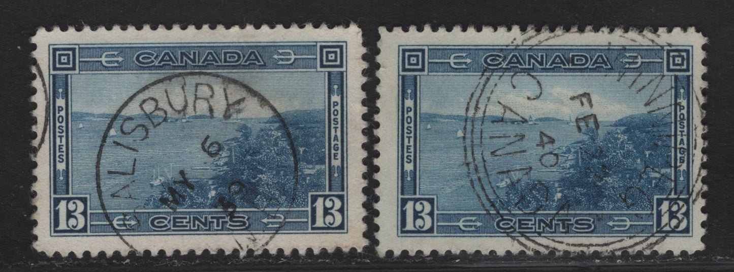 Lot 366 Canada #242 13c Dark Blue Halifax Harbor, 1938 Pictorial Issue, 2 Fine/Very Fine Used Singles, CBN-L (Salisbury, May 6 1939) & CBN-Q (Winnipeg, Feb 22 1940) Papers, SON CDS Examples