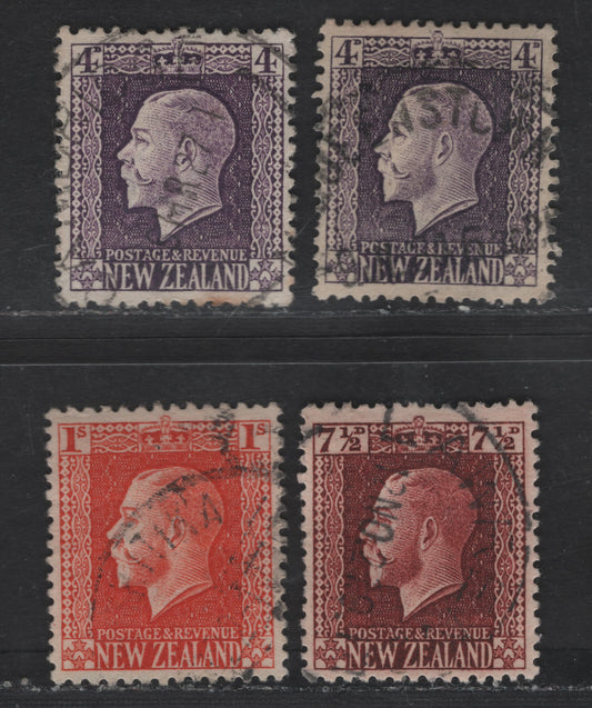 Lot 37 (C) New Zealand SG#422e, 426a, 430c 4d - 1/- Bright Violet - Vermillion King George V, 1915-1930 KGV Sideface Issue, 4 Very Fine Used Singles, Perf 14x14.5