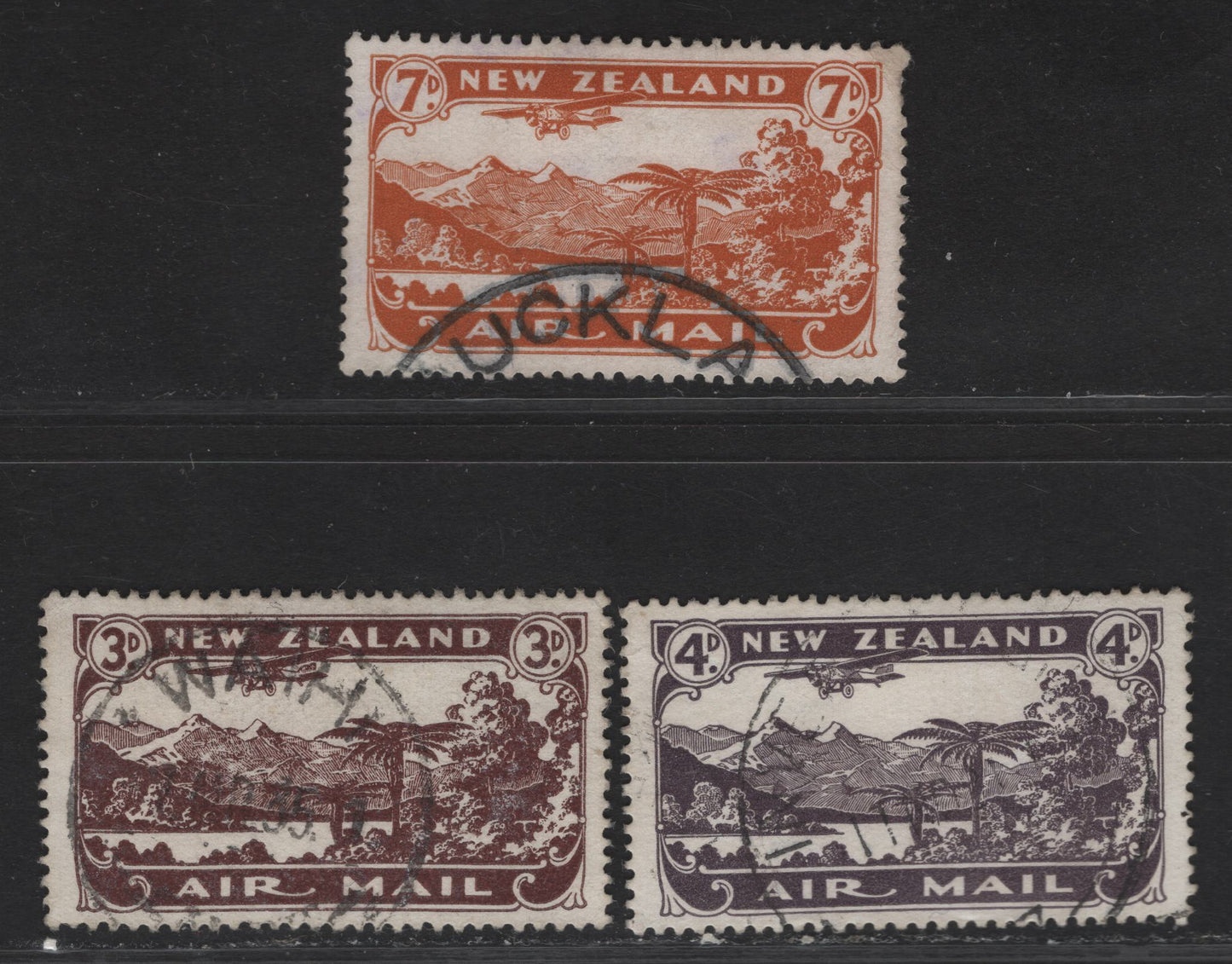 Lot 70 New Zealand SG#548-550 3d - 7d Chocolate - Brown Orange New Zealand Lake, 1931-1935 Airmail Issue, 3 Fine/Very Fine Used Singles, Perf 14x14.5
