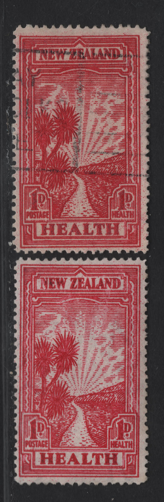 Lot 79 (C) New Zealand SG#553 1d+1d Bright Carmine & Dark Carmine The Path ro Health, 1932 Health Issue, 2 Fine Used Singles