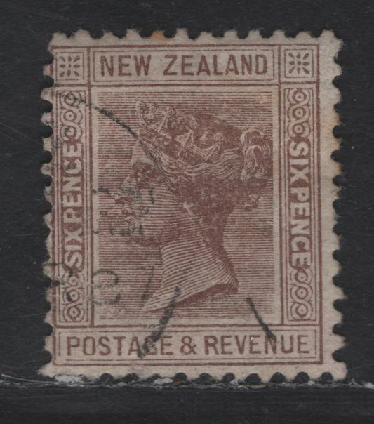 Lot 8 (C) New Zealand SG#201 6d Brown Queen Victoria, 1882-1900 Second Sideface Issue, A Fine Used Single, Perf 12x11.5, Die 1, Horizontal Mesh.