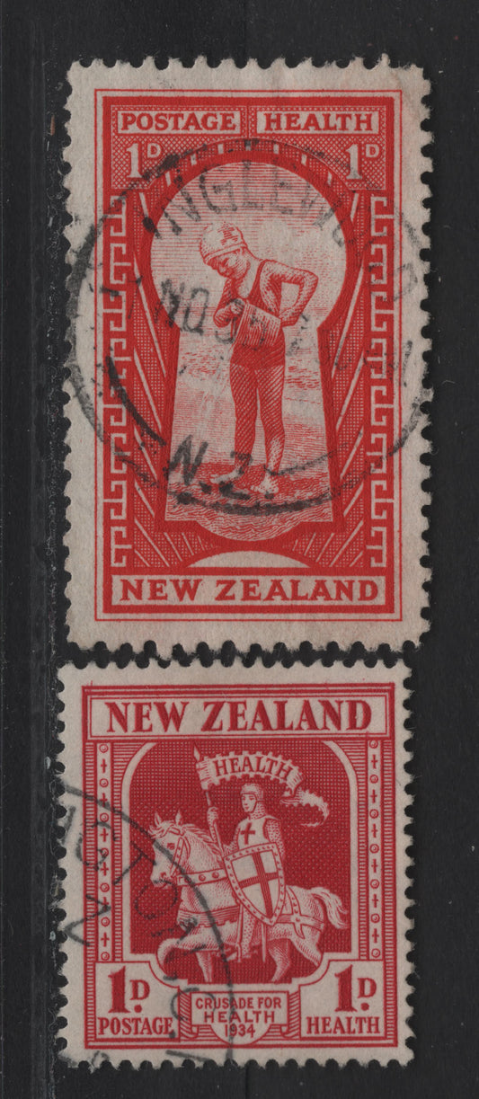 Lot 83 New Zealand SG#554, 576 1d+1d Carmine - Scarlet Crusader - Key to Health, 1934-1935 Health Issues, 2 Fine/Very Fine Used Singles