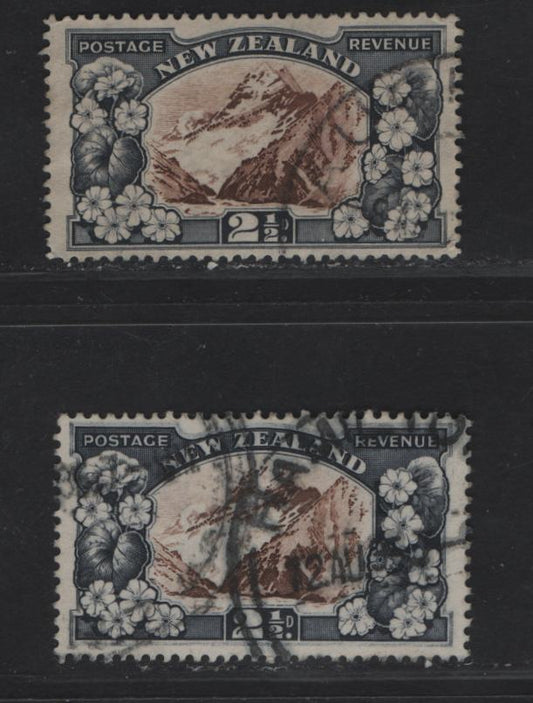 Lot 88 (C) New Zealand SG#560, 560b 2.5d Chocolate & Slate Mt Cook, 1935-1936 Pictorial Issue, 2 Fine Used Singles, Perfs 13-14x13.5 & 13.5x14, Single Star & NZ Wmk