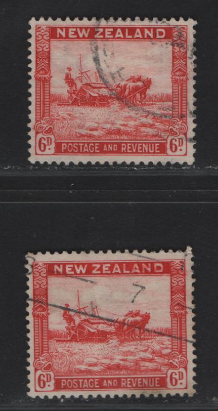 Lot 89 (C) New Zealand SG#564 6d Scarlet Harvesting, 1935-1936 Pictorial Issue, 2 Very Fine Used Singles, Single Crown Wmk, Two Shades
