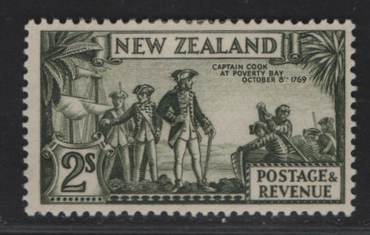 Lot 90 (C) New Zealand SG#568 2/- Olive Green Capt Cook At Poverty Bay, 1935-1936 Pictorial Issue, A VFOG Single, Perf 13-14x13.5, Single Star & NZ Wmk
