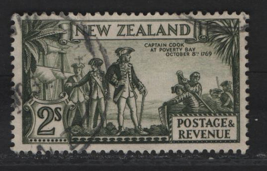 Lot 92 New Zealand SG#568 2/- Olive Green Capt Cook At Poverty Bay, 1935-1936 Pictorial Issue, A Very Fine Used Single, Perf 13-14x13.5, Single Star & NZ Wmk