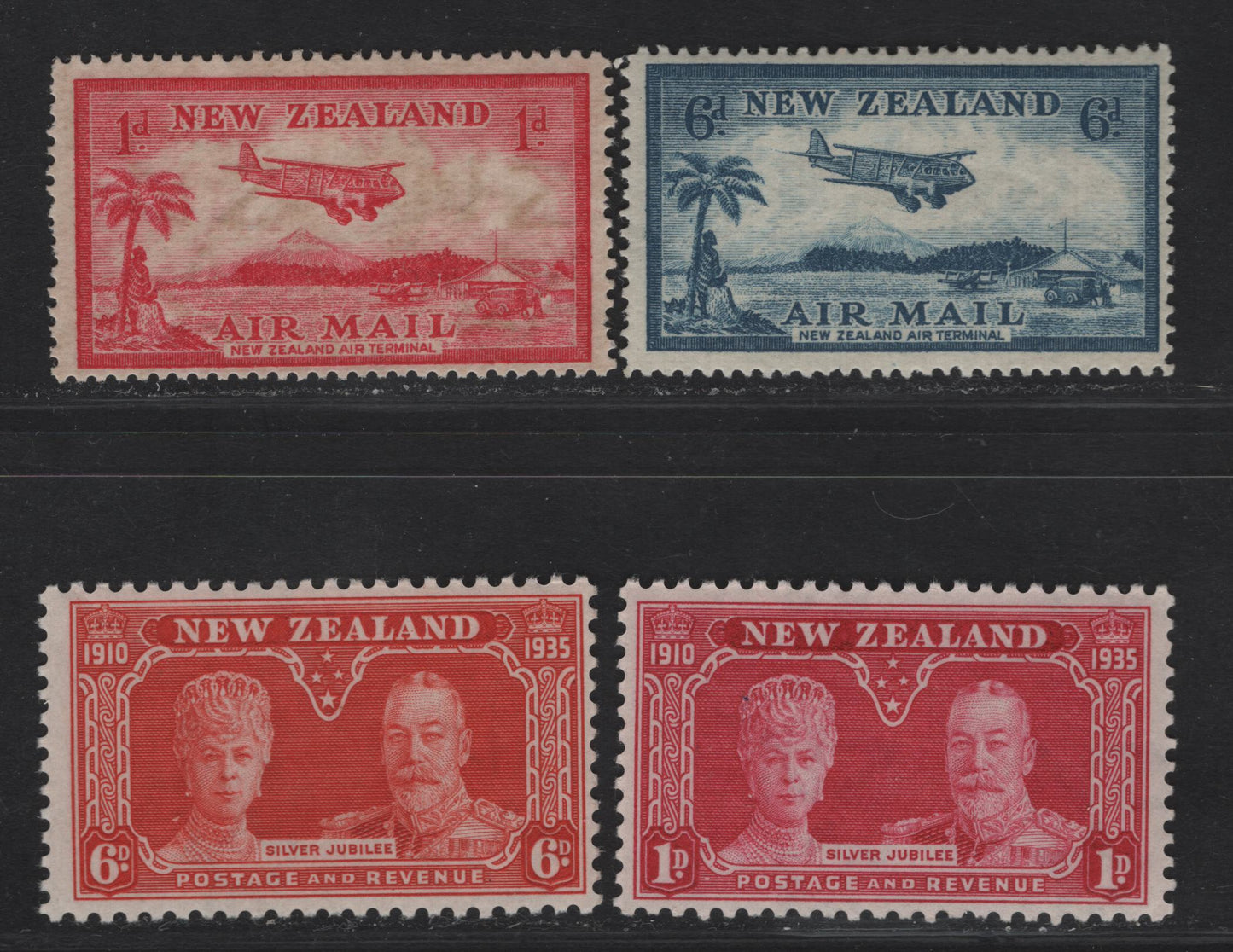 Lot 95 (C) New Zealand SG#570, 572-573, 575 1d - 6d Carmine - Red Orange Bell Block Aerodrome - King Geroge V & Queen Mary, 1935 Airmail - Silver Jubilee Issues, 4 FOG Singles