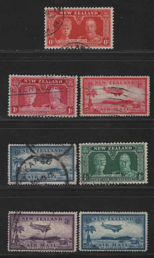 Lot 96 (C) New Zealand SG#570-575 1d - 6d Carmine - Red Orange Bell Block Aerodrome - King Geroge V & Queen Mary, 1935 Airmail - Silver Jubilee Issues, 7 Fine/Very Fine Used Singles, Two Shades Of 6d Airmail