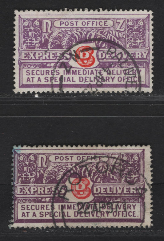 Lot 97 (C) New Zealand SG#E2-E3 6d Vermillion & Bright Violet Express Delivery, 1926-1936 Express Delivery Issue, 2 Fine/Very Fine Used Singles, Perfs 14x14.5 & 14x15, Perf 14x15 Stamp Has Two Light Diagonal Bends