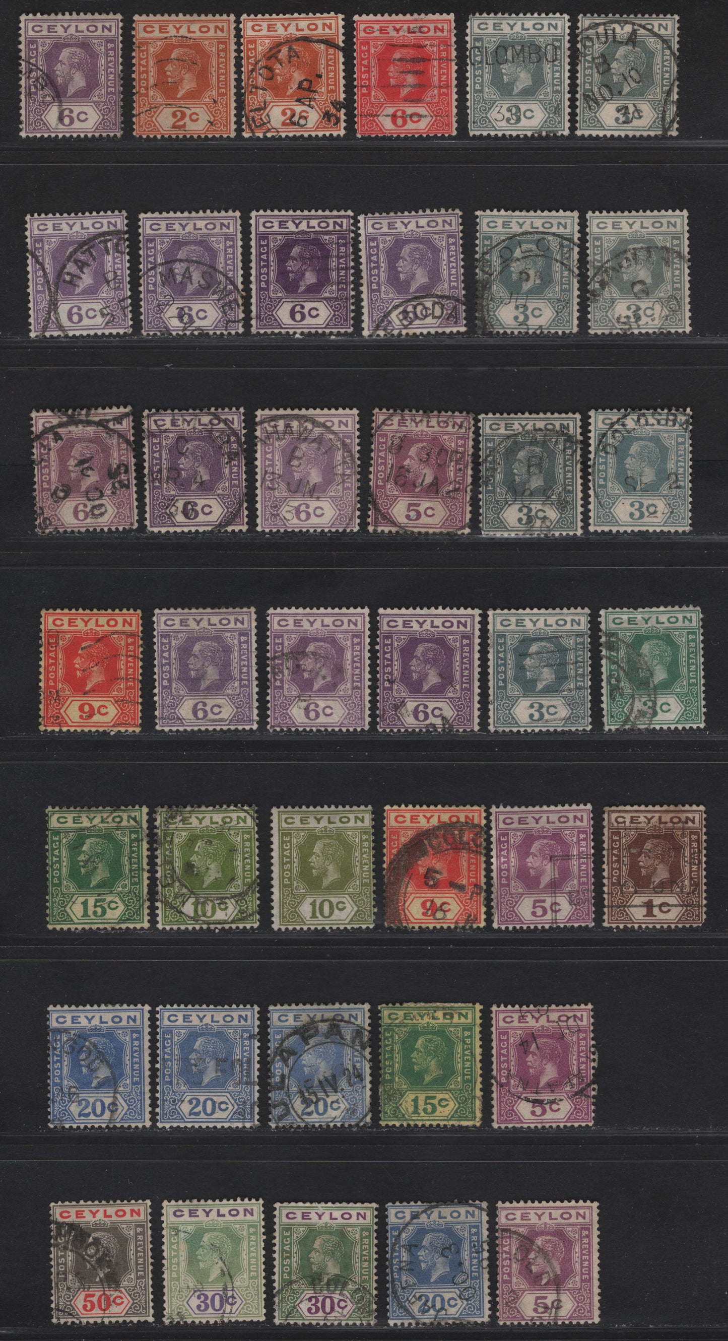 Lot 10 (C) Ceylon #338-346b, 349-a. 350-b, 352-352a, 353 1c Brown - 25c Orange Yellow & Blue, 1921-1932 King George V Imperium Keyplate Issue With Bold CA, 40 Fine Used Singles, Both Die 1 & 2 And Shades & Complete Run Printed From Single Plates.