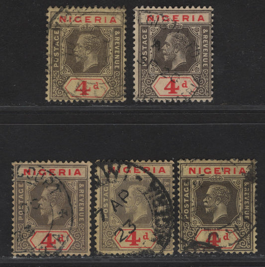 Nigeria SG#6d 4d Gray Black - Deep Gray & Red King George V, 1914-1929 KGV Imperium Keyplate Issue, Wmk Multiple Crown CA, 5 Fine Used Singles, Pale Yellow With Buff & Yellow With Buff Back Papers, Cancelled With 1923 Dates