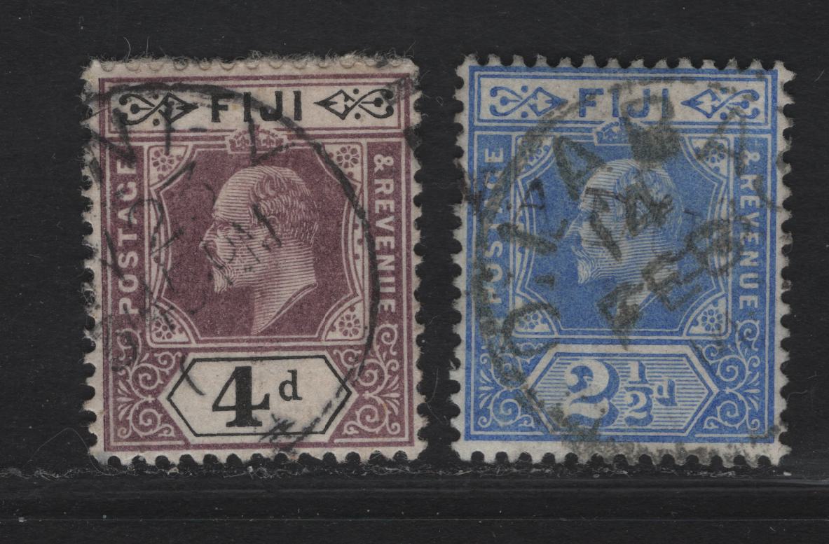 Lot 11 Fiji #109, 120 4d Dull Purple & Black, 2 1/2d Bright Blue, 1903-1912 King Edward VII Imperium Keyplate Issue, Wmk Crown CA & Multiple Crown CA, 2 Fine Used Singles