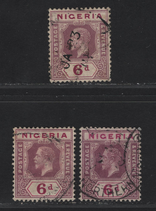 Lot 114 Nigeria SG#7 6d Bright Magenta & Dull Reddish Purple - Pale Bright Magenta & Deep Reddish Purple King George V, 1914-1929 KGV Imperium Keyplate Issue, Wmk Multiple Crown CA, 3 Very Fine Used Singles