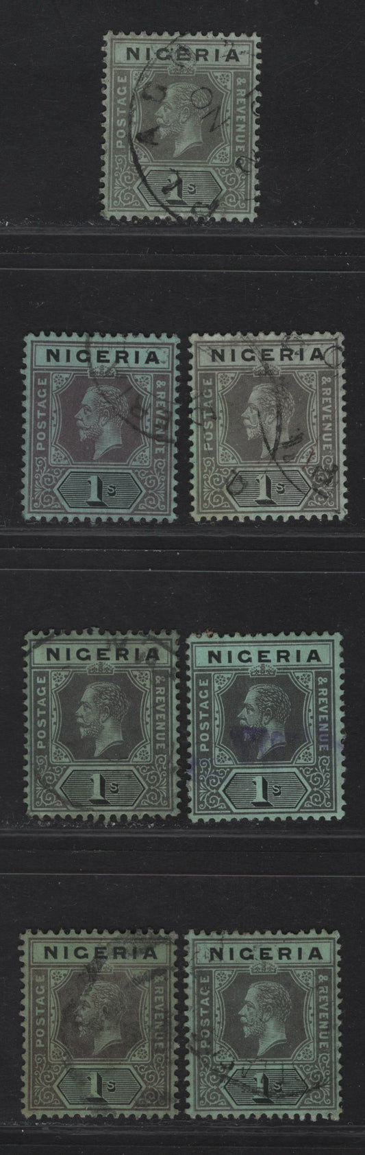 Lot 123 Nigeria SG#8c 1/- Pale Gray & Black - Gray & Black King George V, 1914-1929 KGV Imperium Keyplate Issue, Wmk Multiple Crown CA,  Very Fine Used Singles, Various Papers & Shades