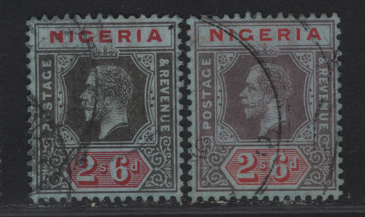 Lot 136 Nigeria SG#9 2/6 Violet Gray & Red - Black & Red King George V, 1914-1929 KGV Imperium Keyplate Issue, Wmk Multiple Crown CA, 2 Very Fine Used Singles, Gray Blue Paper