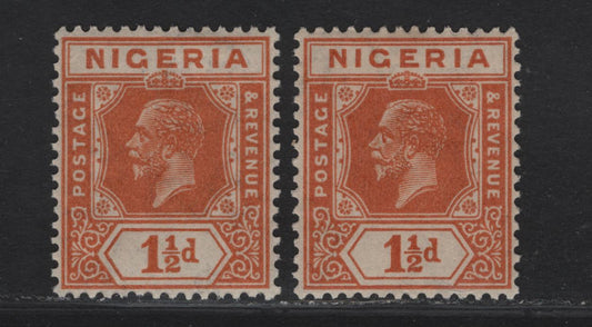 Nigeria SG#17 1.5d Light Brownish Orange - Deep Brownish Orange King George V, 1921-1932 KGV Imperium Keyplate Issue, Wmk Multiple Script CA, 2 VFOG Singles