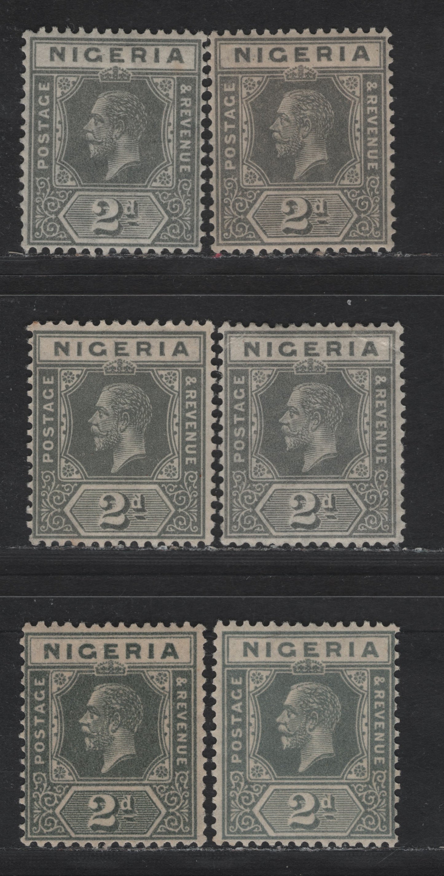 Nigeria SG#18-a 2d Deep Gray - Pale Gray Blue King George V, 1921-1932 KGV Imperium Keyplate Issue, Wmk Multiple Script CA, 6 F/VFOG Singles, Die 2