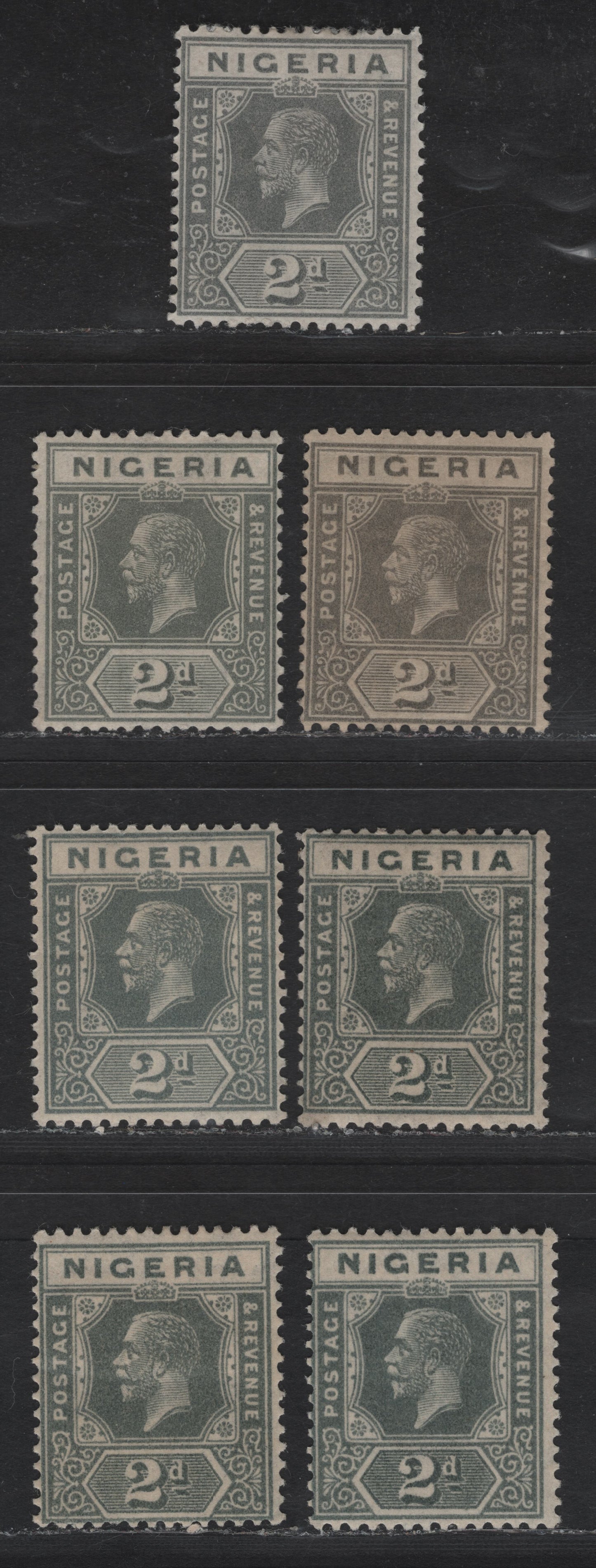 Lot 175 Nigeria SG#18-a 2d Pale Slate Gray - Bluish Slate King George V, 1921-1932 KGV Imperium Keyplate Issue, Wmk Multiple Script CA, 6 FOG Singles, Dies 1-2, Different Shades From Those In Lot 174